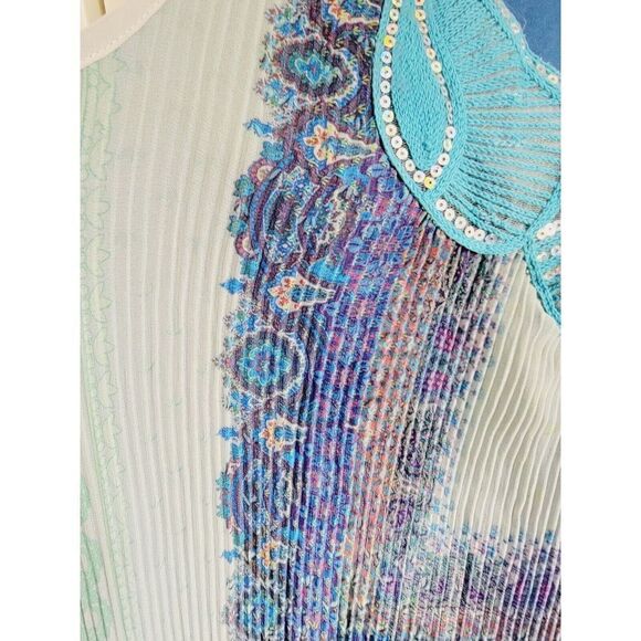 One World 2X Tank Top Blouse Boho Flowy‎ Blue Green Stretch Ribbed Lined Beaded - Picture 6 of 7